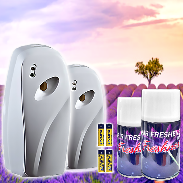 Automatic fragrance dispenser kit with 2 dispensers, refills, and batteries for commercial and home use