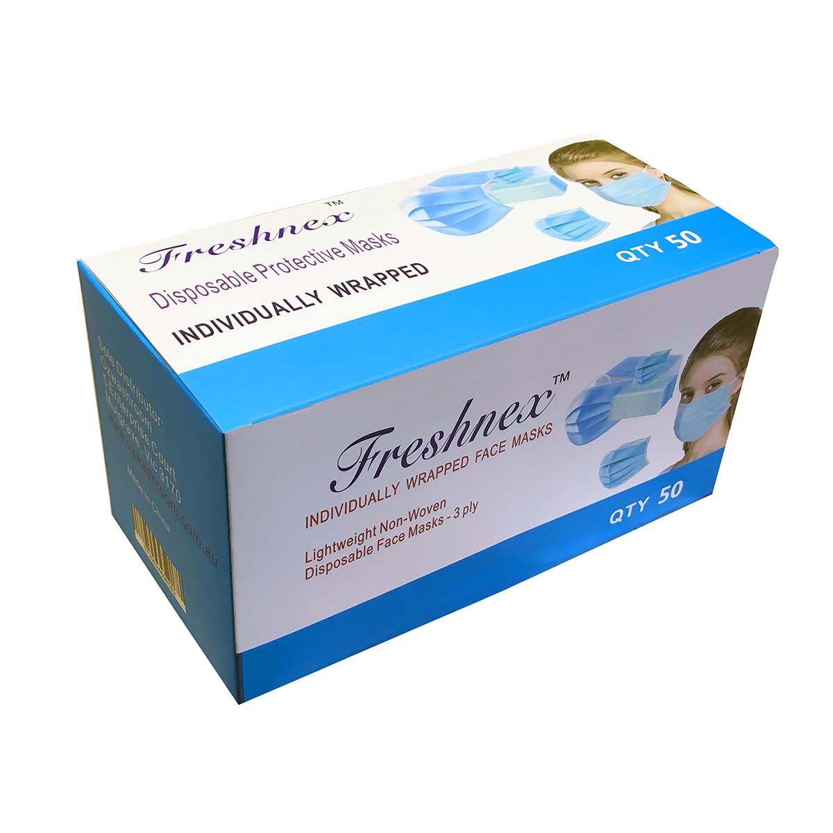 Freshnex individually wrapped 3-layer blue disposable face masks, pack of 50 for personal and commercial use.