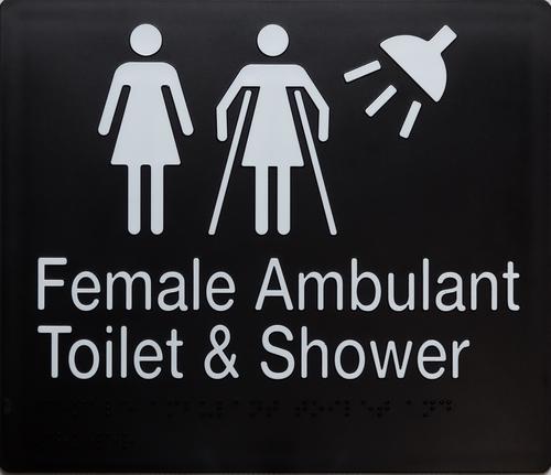 Female & Ambulant Toilet and shower Braille Sign White on Black
