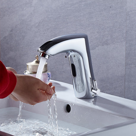 Chrome sensor-activated basin top water tap with adjustable hot/cold mixer for commercial bathrooms