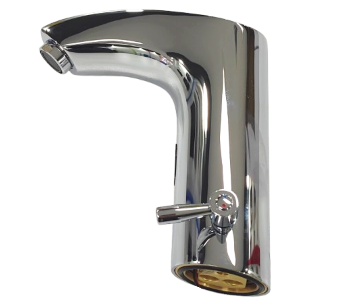 Chrome sensor-activated basin top water tap with adjustable hot/cold mixer for commercial bathrooms