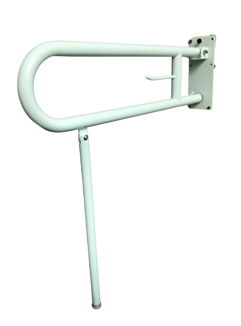 Powder Coated White Drop Down with Leg Grab Rail
Bariatric toilet drop down hand rail.