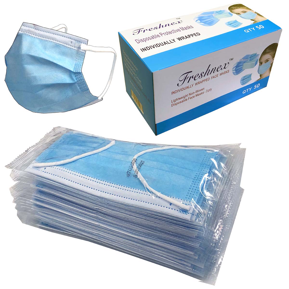 Freshnex individually wrapped 3-layer blue disposable face masks, pack of 50 for personal and commercial use.