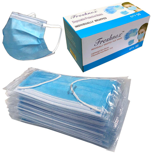Freshnex individually wrapped 3-layer blue disposable face masks, pack of 50 for personal and commercial use.