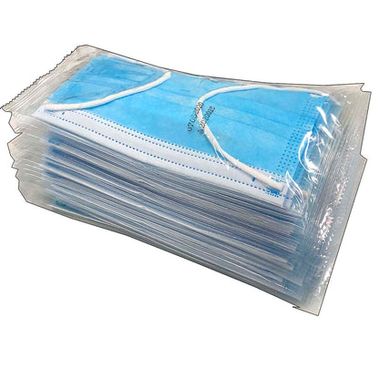 Freshnex individually wrapped 3-layer blue disposable face masks, pack of 50 for personal and commercial use.
