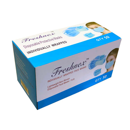 Freshnex individually wrapped 3-layer blue disposable face masks, pack of 50 for personal and commercial use.